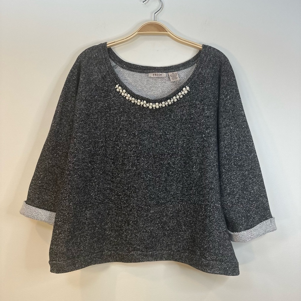 Rhinestone Pearl Sz XL Jeweled Top By Fresh 3/4 Cuffed Sleeve Black White Knit